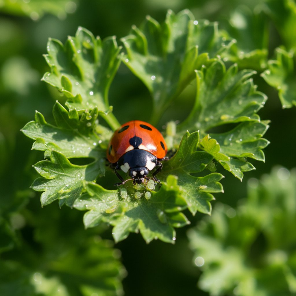 Biedronka pożerająca mszyce na liściu pietruszki, makro, naturalne światło