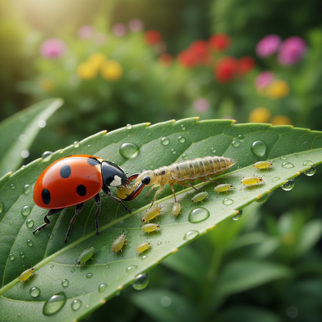 Zbliżenie na biedronki i larwy złotooków żerujące na mszycach na liściu w ogrodzie