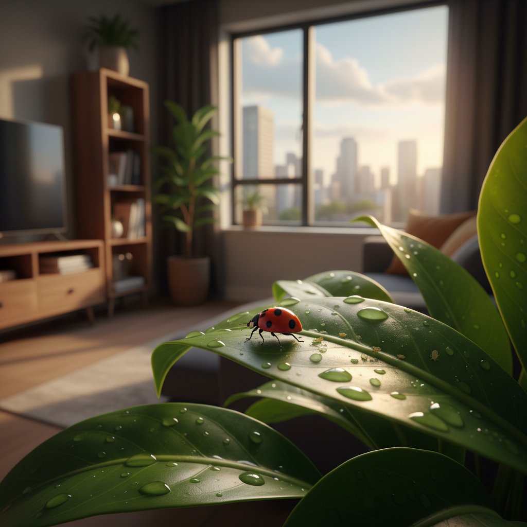 Biedronka polująca na mszyce na liściu rośliny doniczkowej jako naturalny sposób ochrony roślin doniczkowych