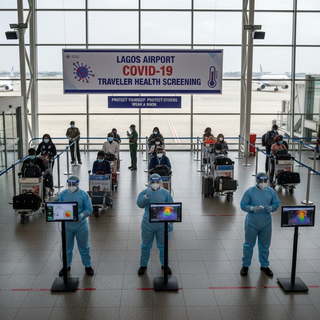Travelers in masks at Lagos airport during COVID-19, health screening station