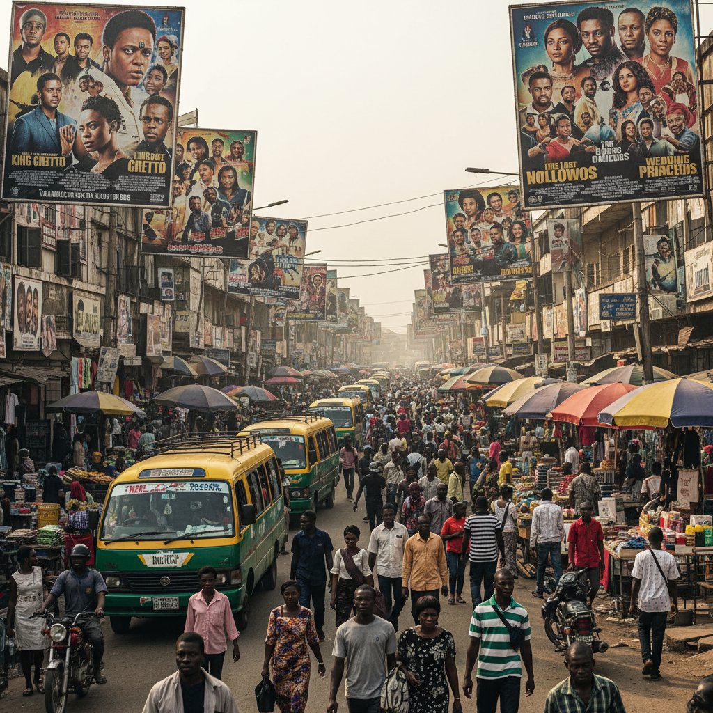 Lagos street with Nollywood film posters and crowds, capturing the dynamic energy and entrepreneurial spirit of Nigerian cinema