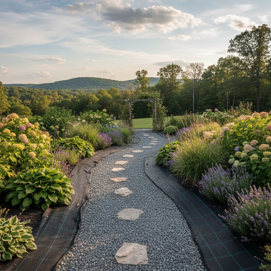 Fragment ogrodu z agrowłókniną przykrytą żwirem, widoczna ochrona przed chwastami