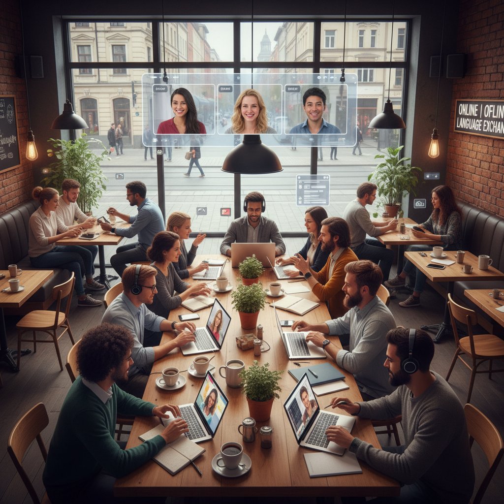 Spotkanie językowe w miejskiej kawiarni, osoby prowadzące dyskusję na żywo i przez telefon
