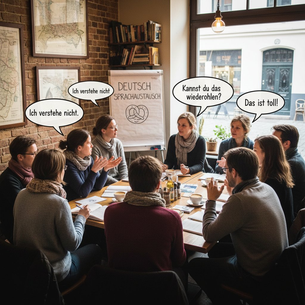 Grupa osób na spotkaniu językowym, rozmawiająca po niemiecku w kawiarni