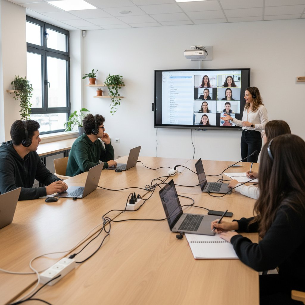 Szkoła językowa online i tradycyjna w jednym kadrze, uczniowie przy komputerach i w klasie