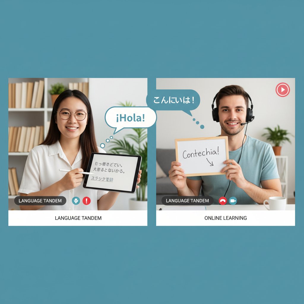 Scena tandemowej nauki online, dwóch ludzi rozmawiających przez komputer w domowym otoczeniu