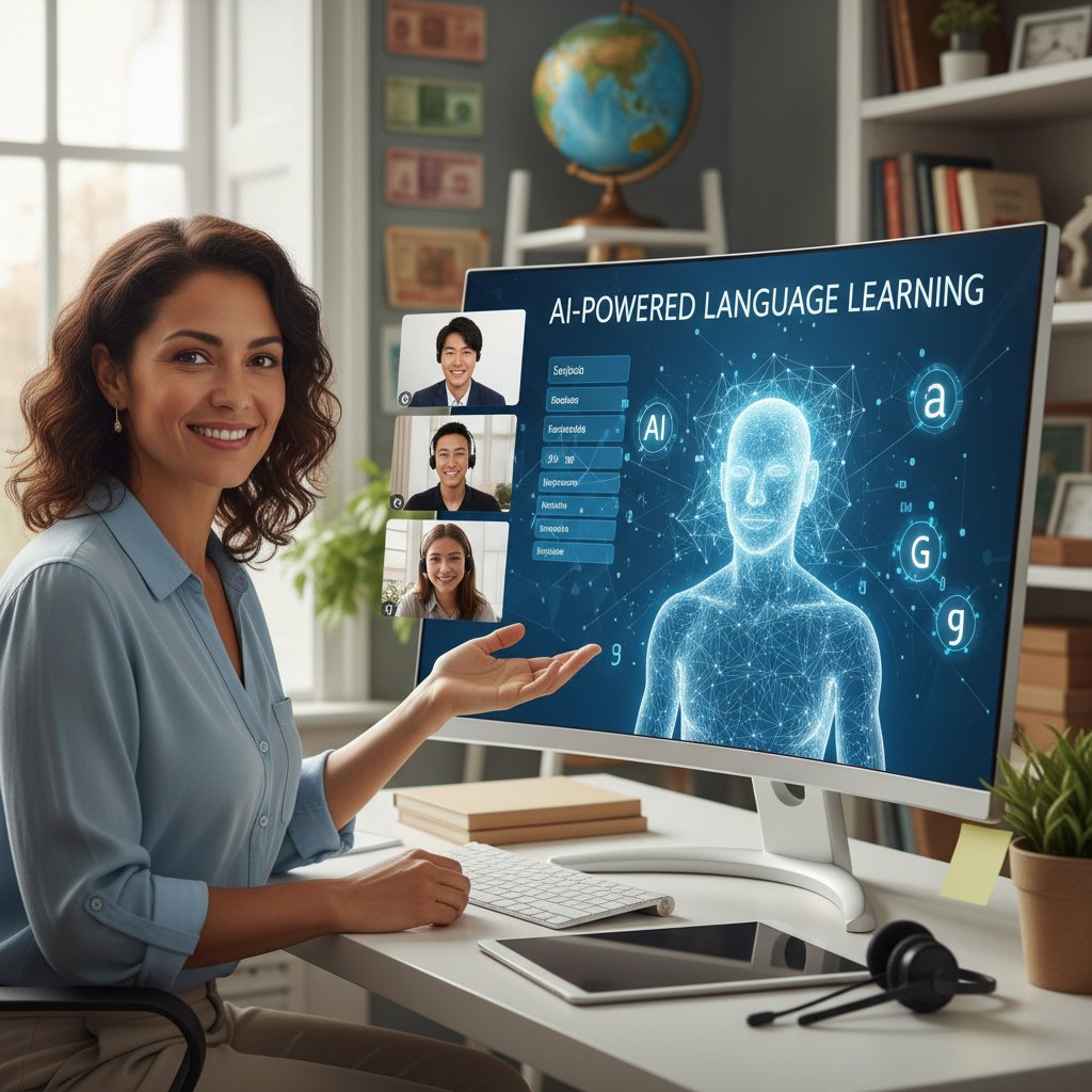 Nauczyciel języka obcego korzystający z AI podczas lekcji online