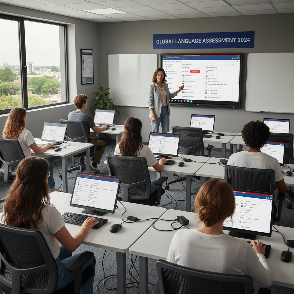 Doświadczony nauczyciel i uczniowie w nowoczesnej sali językowej korzystający z testów online na tabletach