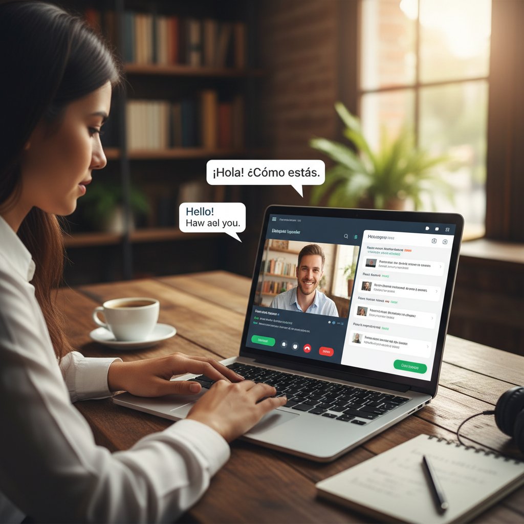 Zbliżenie: laptop z AI obok nauczyciela native speaker, oba narzędzia do nauki, kontrast nowoczesności i tradycji