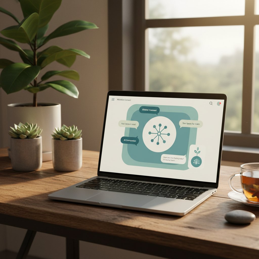 Widok ekranu laptopa z aplikacją AI do wsparcia psychoonkologicznego, w tle rośliny i spokojne światło