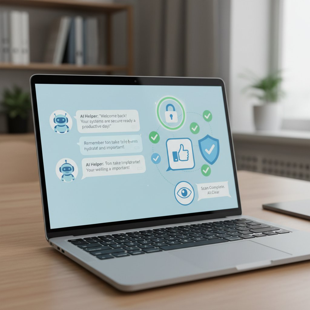 Zbliżenie na ekran laptopa z otwartym czatem AI, widoczne przyjazne komunikaty i symbole bezpieczeństwa