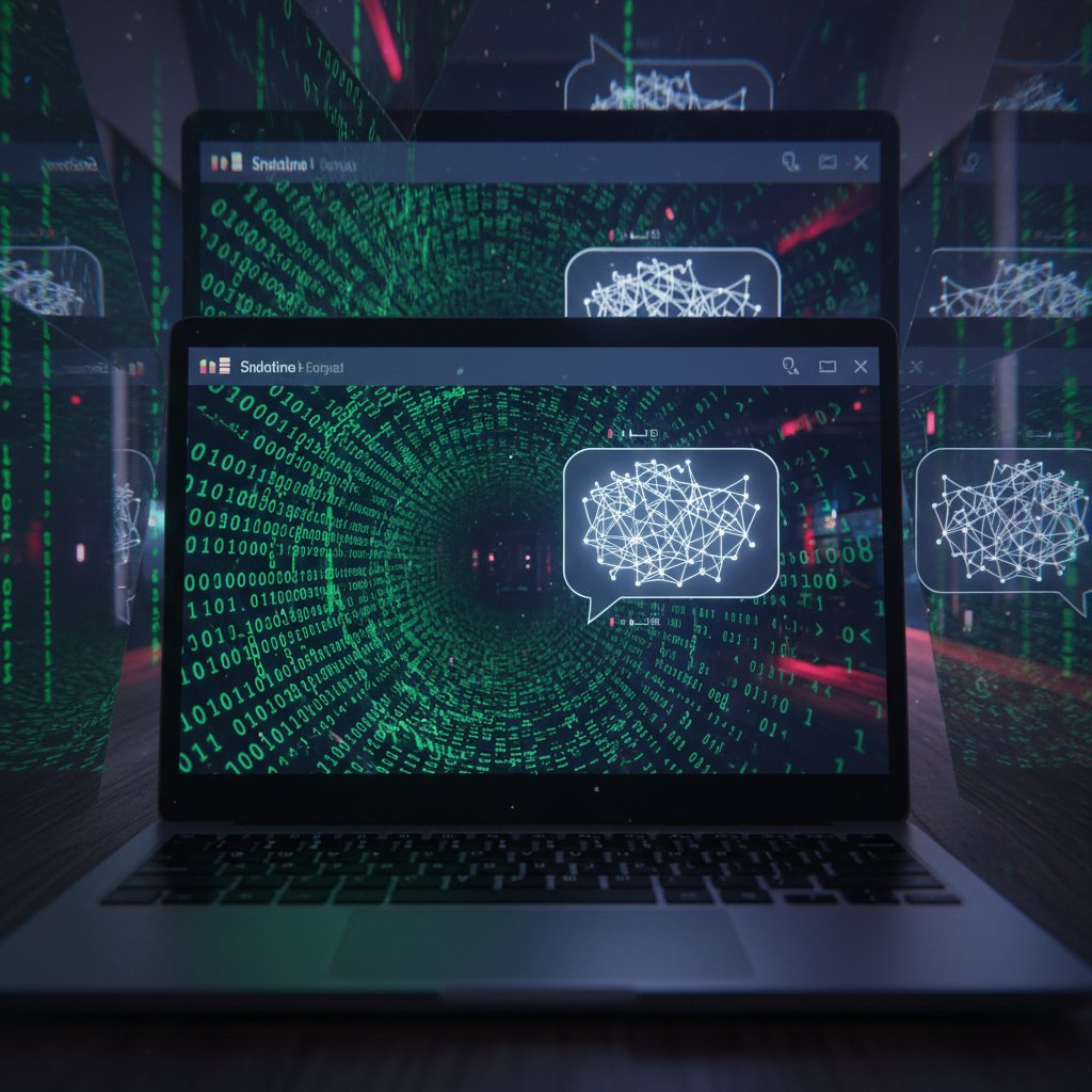 Laptop z otwartą anonimową rozmową, kod binarny w tle; wizualizacja iluzji anonimowości online, słowo kluczowe anonimowa rozmowa online