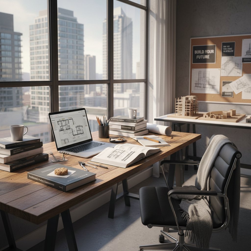 Przygotowany do egzaminu online komputer z rysunkiem architektonicznym na ekranie