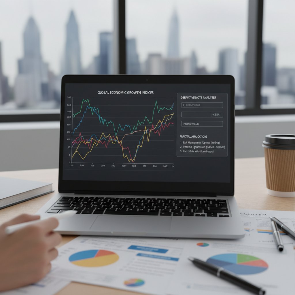 Laptop z wykresem i aplikacją ekonomiczną, obok karteczki z pochodną, praktyczne zastosowania
