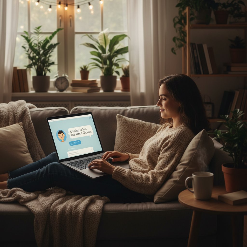 Symbolbild: Laptop mit geliebte.ai-Chat geöffnet, entspannte Atmosphäre, Person fühlt sich geborgen