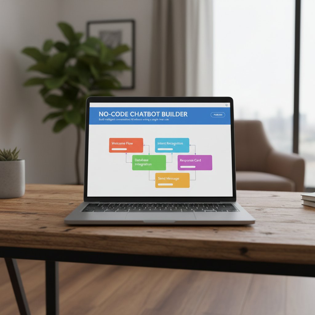 Zbliżenie na ekran laptopa z interfejsem kreatora chatbotów no-code