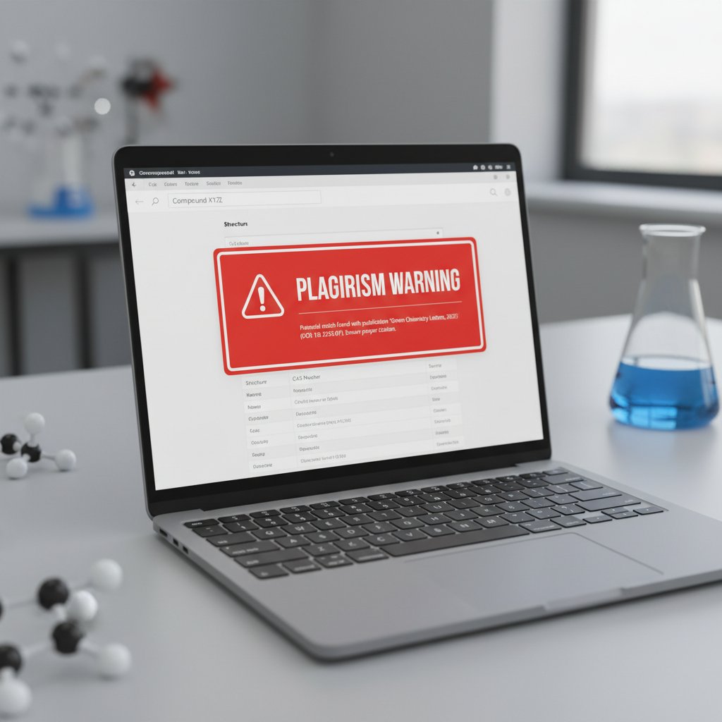 Zbliżenie na ekran laptopa z otwartą bazą danych chemicznych i ostrzeżeniem o plagiacie