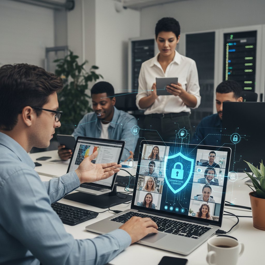 Narzędzia cyfrowe w pracy hybrydowej – zbliżenie na ekran laptopa z aplikacją do współpracy