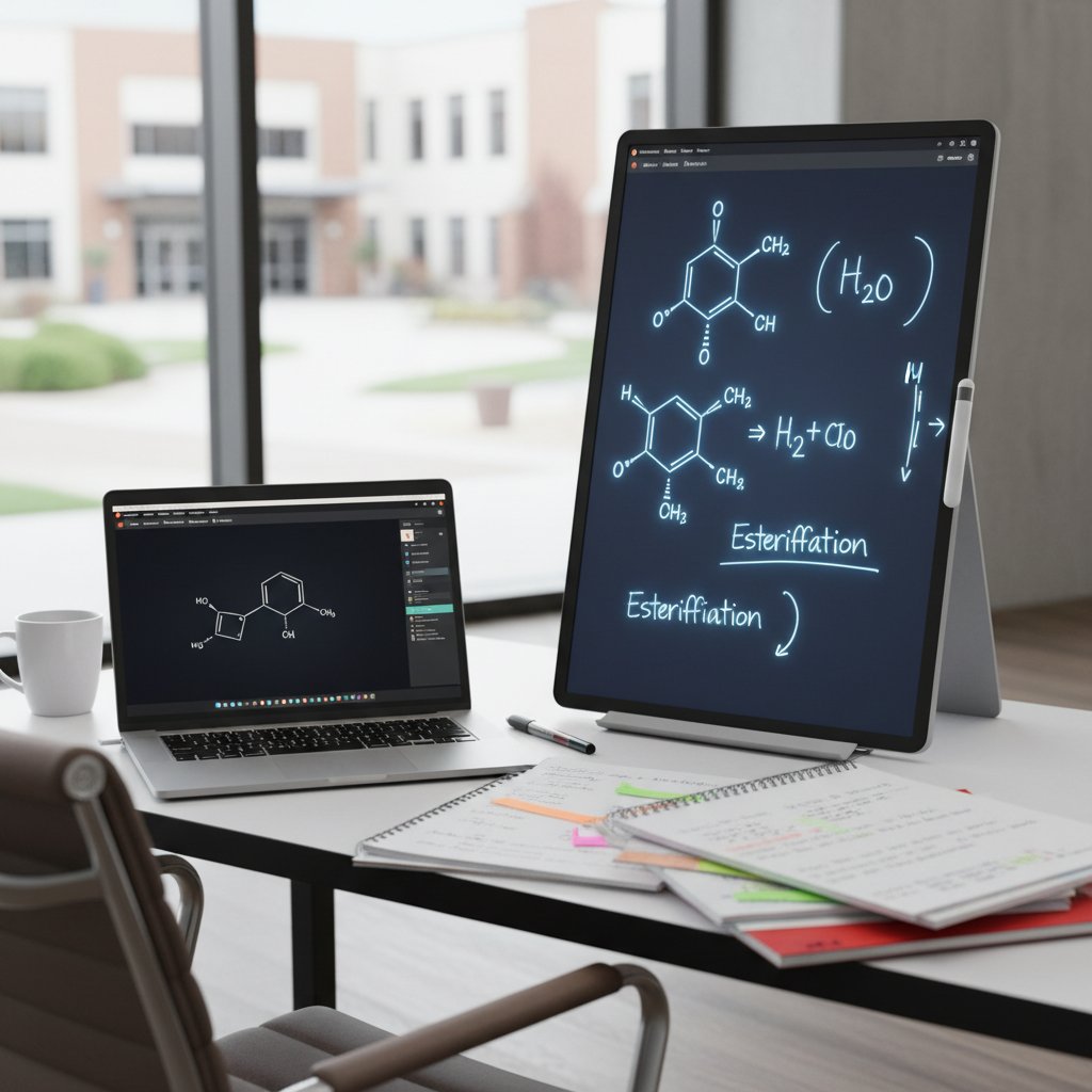 Ekran laptopa z wirtualną tablicą chemiczną, notatki ucznia