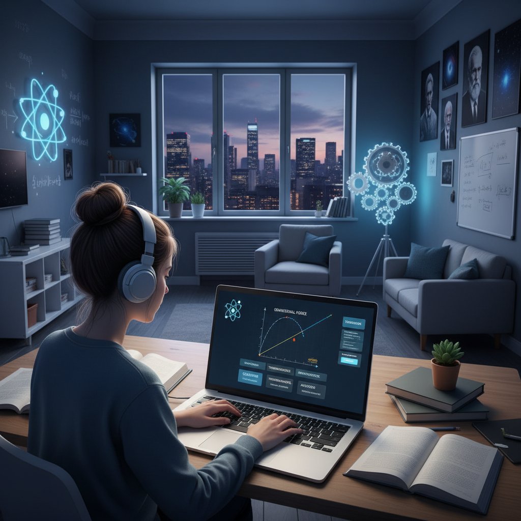 Zbliżenie na ekran laptopa z otwartą platformą edukacyjną do fizyki, nowoczesny pokój ucznia