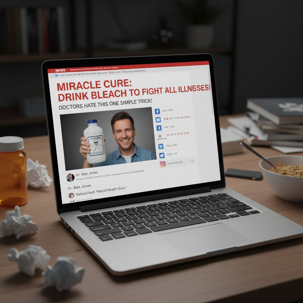 Laptop na biurku z wyświetloną stroną porad zdrowotnych, obok leży kartka z napisem „FAKE NEWS”