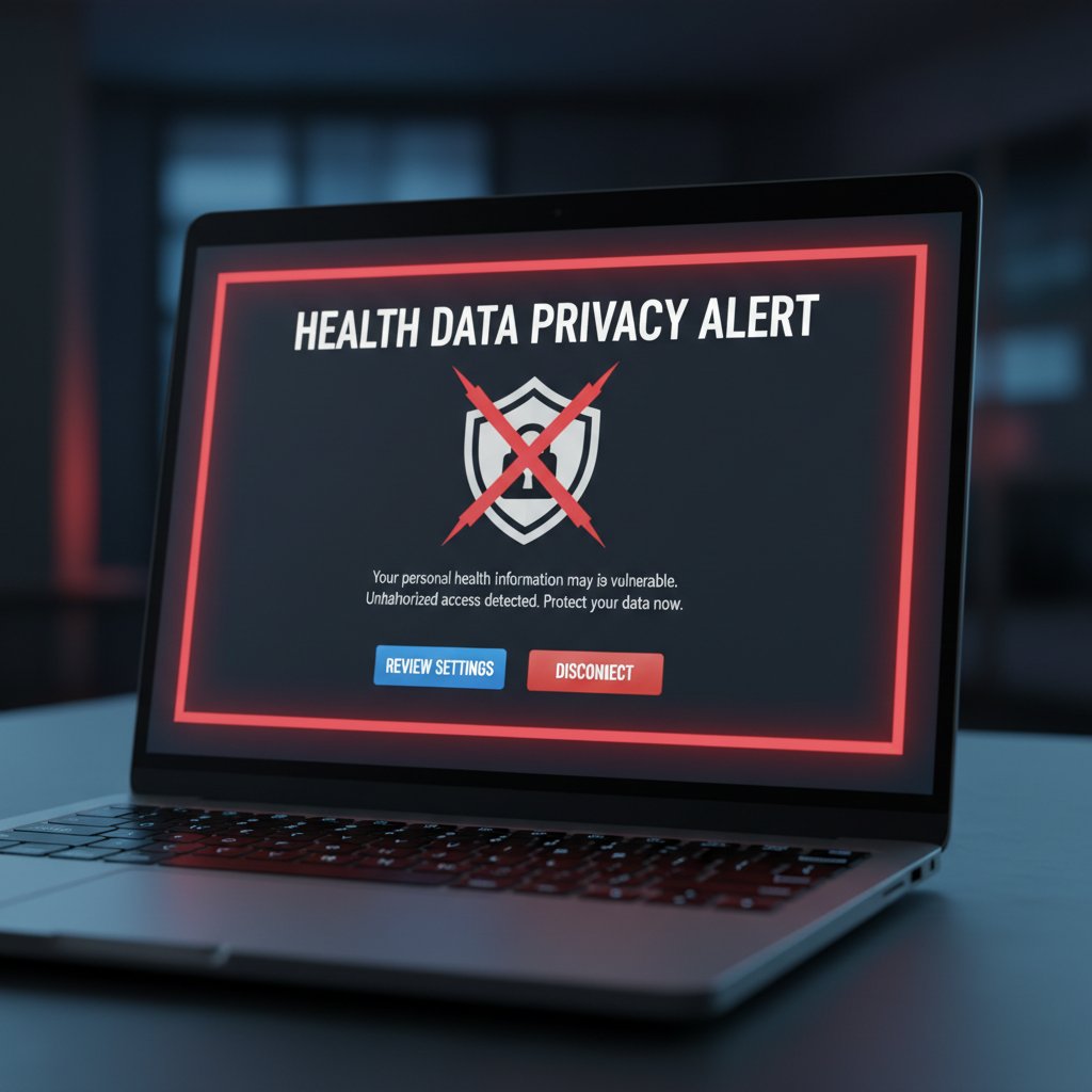 Zdjęcie laptopa, na którym widnieją ostrzeżenia o prywatności danych zdrowotnych, w tle niepokój użytkownika