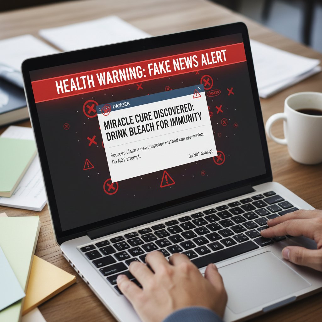 Ekran laptopa z alertami i ostrzeżeniami, symbolizujący dezinformację zdrowotną