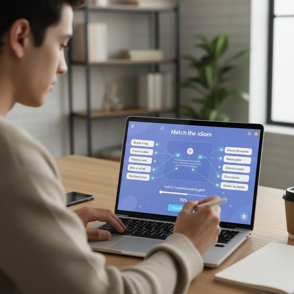 Zdjęcie ekranu laptopa z otwartą aplikacją do nauki angielskiego, widoczne ćwiczenia interaktywne, osoba wyraźnie zaangażowana