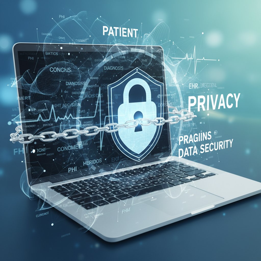 Zamknięty laptop z kłódką i danymi cyfrowymi w tle, symbolizujący ochronę danych pacjenta