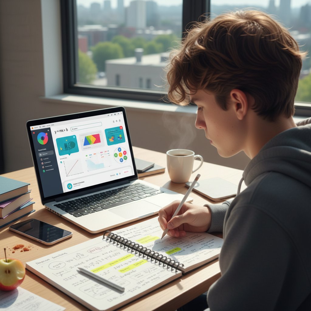 Laptop z otwartą platformą edukacyjną do nauki matematyki, notes, telefon, młoda osoba