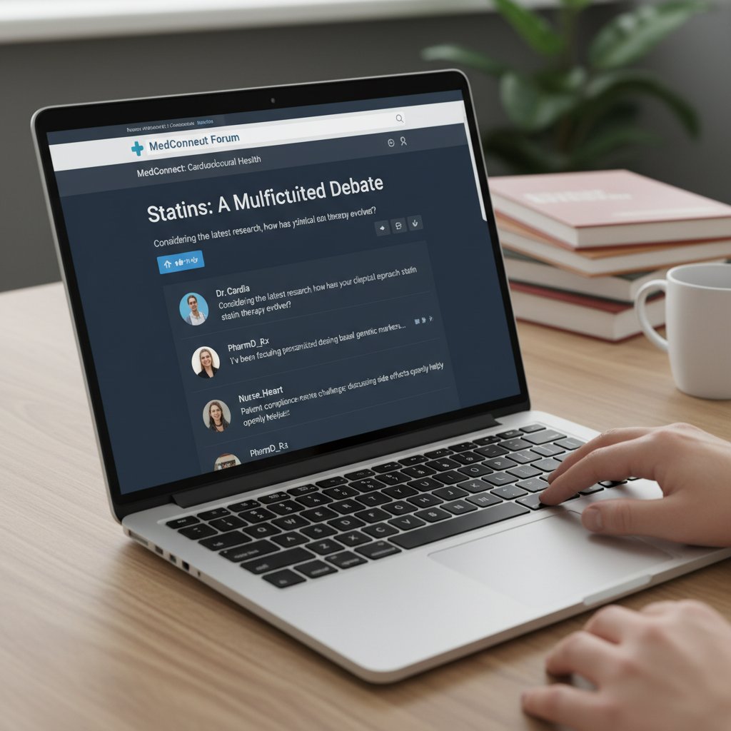 Dramatyczne zdjęcie ekranu komputera z otwartym forum medycznym i wpisami o atorwastatynie
