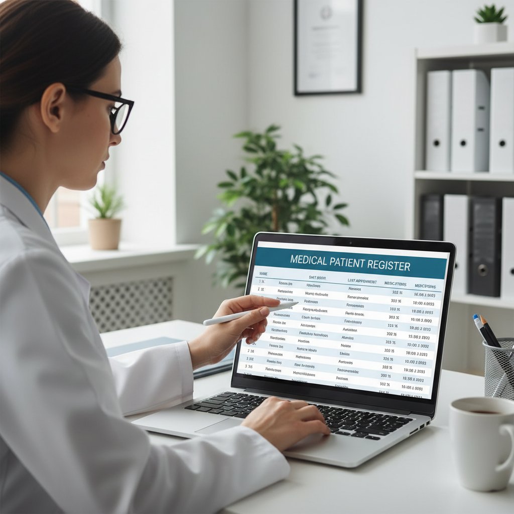 Zbliżenie na ekran laptopa z wyświetloną stroną rejestru lekarzy, kobieta sprawdza legalność platformy