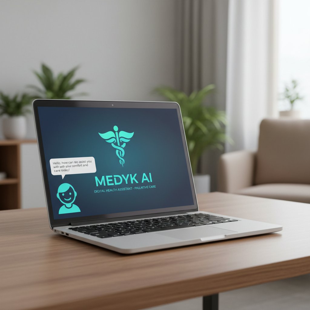 Ekran laptopa z medyk.ai jako cyfrowym asystentem zdrowotnym, opieka paliatywna online