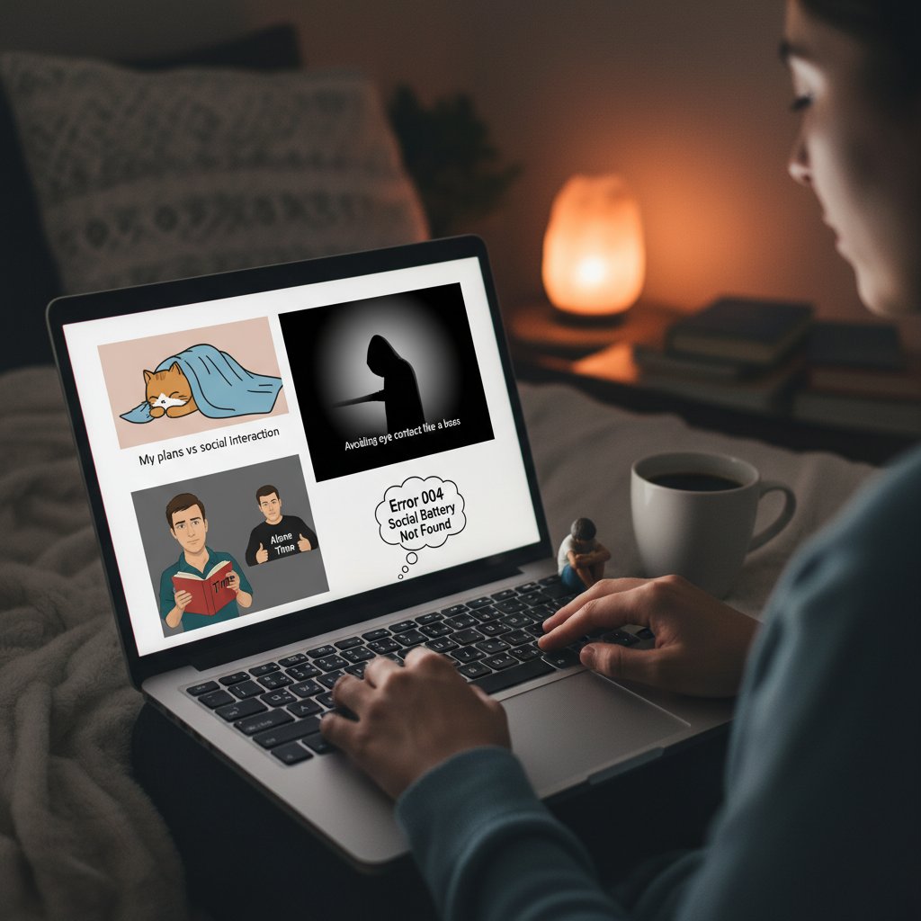Współczesne media – ekran laptopa z memami na temat introwersji i samotności