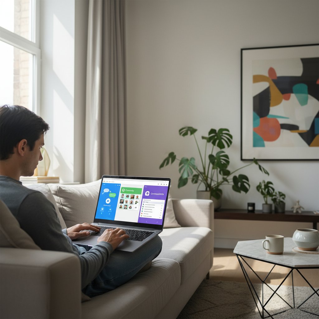 Różne platformy rozmów online widoczne na ekranie laptopa, młoda osoba wybiera aplikację