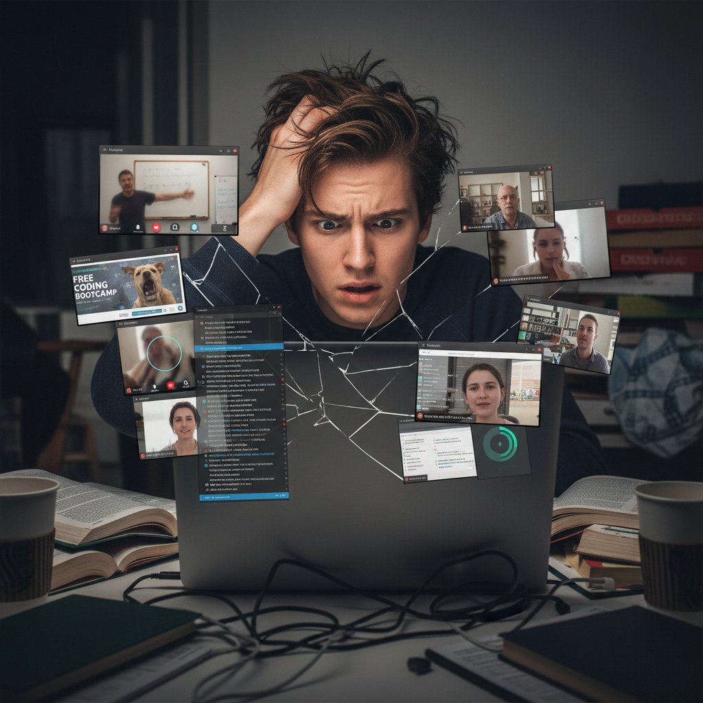 Zbliżenie na ekran laptopa z wieloma otwartymi oknami lekcji i uczniem zagubionym w nadmiarze materiałów