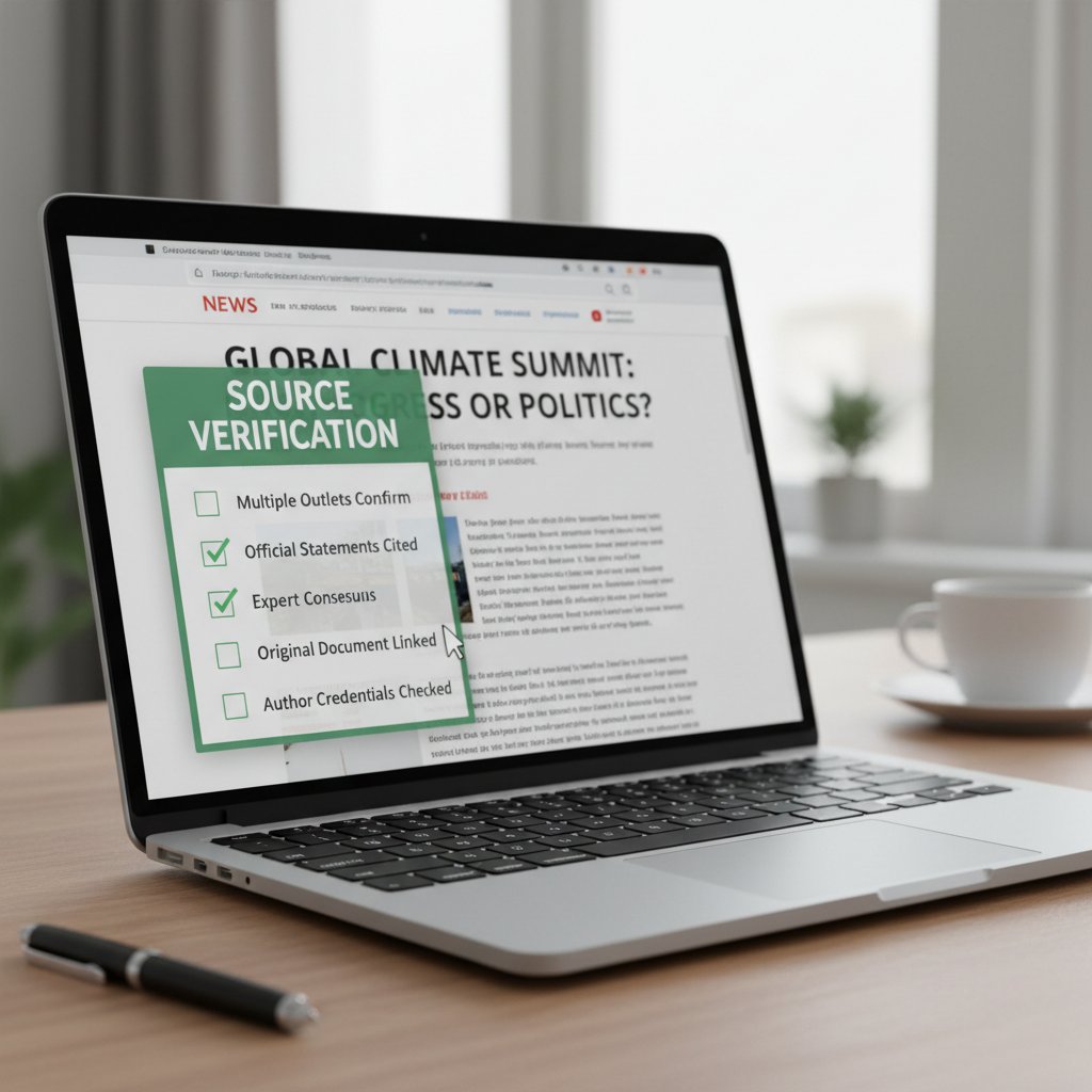 Zdjęcie laptopa z otwartą stroną wiadomości i checklistą w tle – weryfikacja źródła newsów