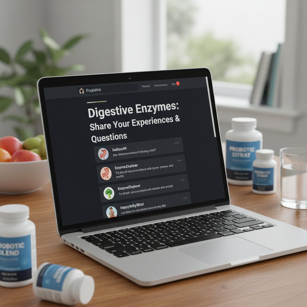 Laptop z otwartym forum internetowym – dyskusje o enzymach trawiennych. Słowa kluczowe: fora internetowe, enzymy trawienne, opinie