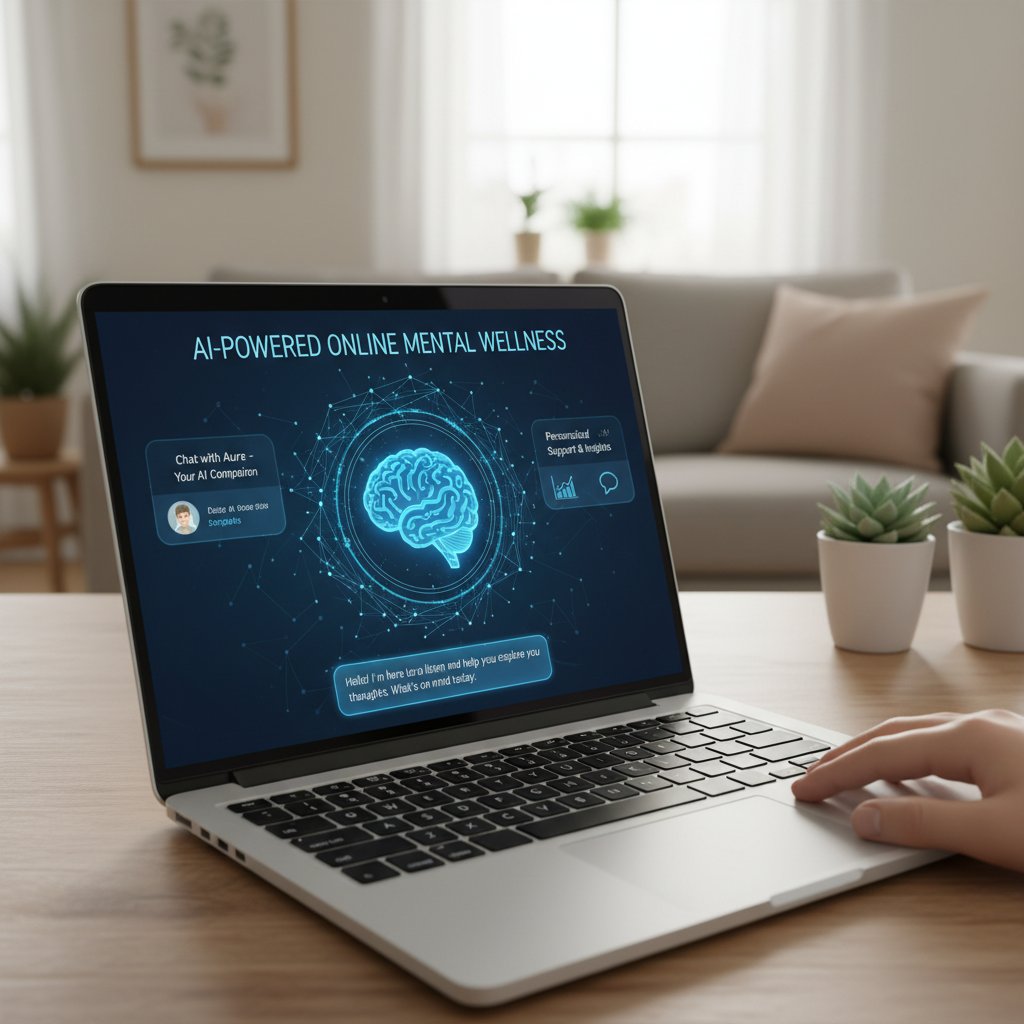 Zdjęcie laptopa z otwartą aplikacją do wsparcia psychologicznego – symbol wsparcia AI