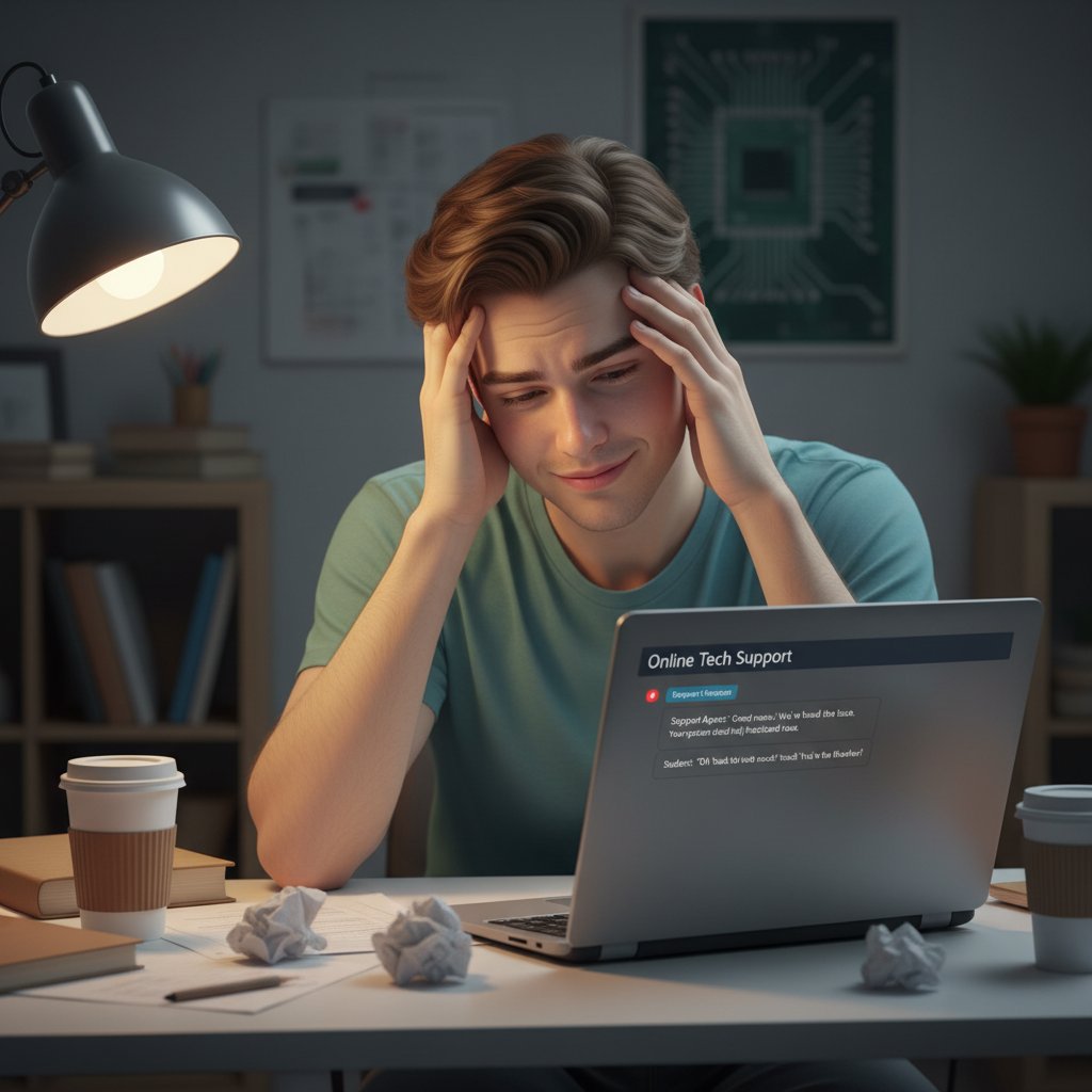 Laptop z otwartą stroną wsparcia online, młoda osoba przed ekranem, poczucie ulgi