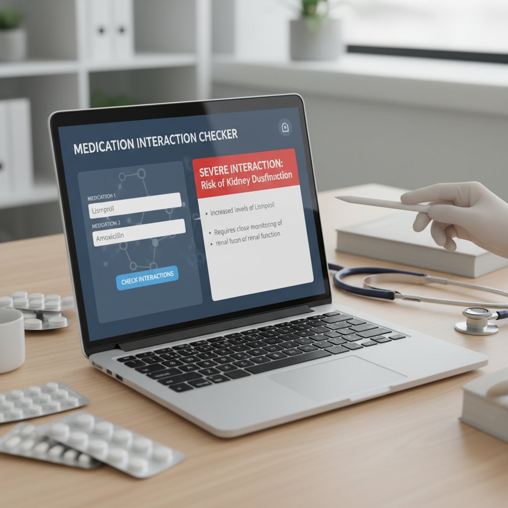 Zdjęcie laptopa z otwartą stroną internetową narzędzia do sprawdzania interakcji leków