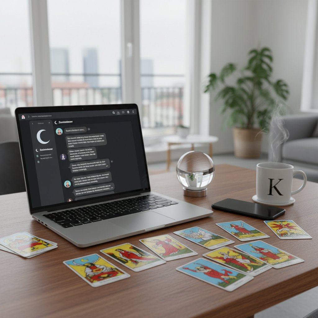 Moderner Laptop mit geöffnetem Chat-Fenster, daneben Tarotkarten und Smartphone auf Schreibtisch – Symbolbild für Online-Lebensberatung und KI-Tarot