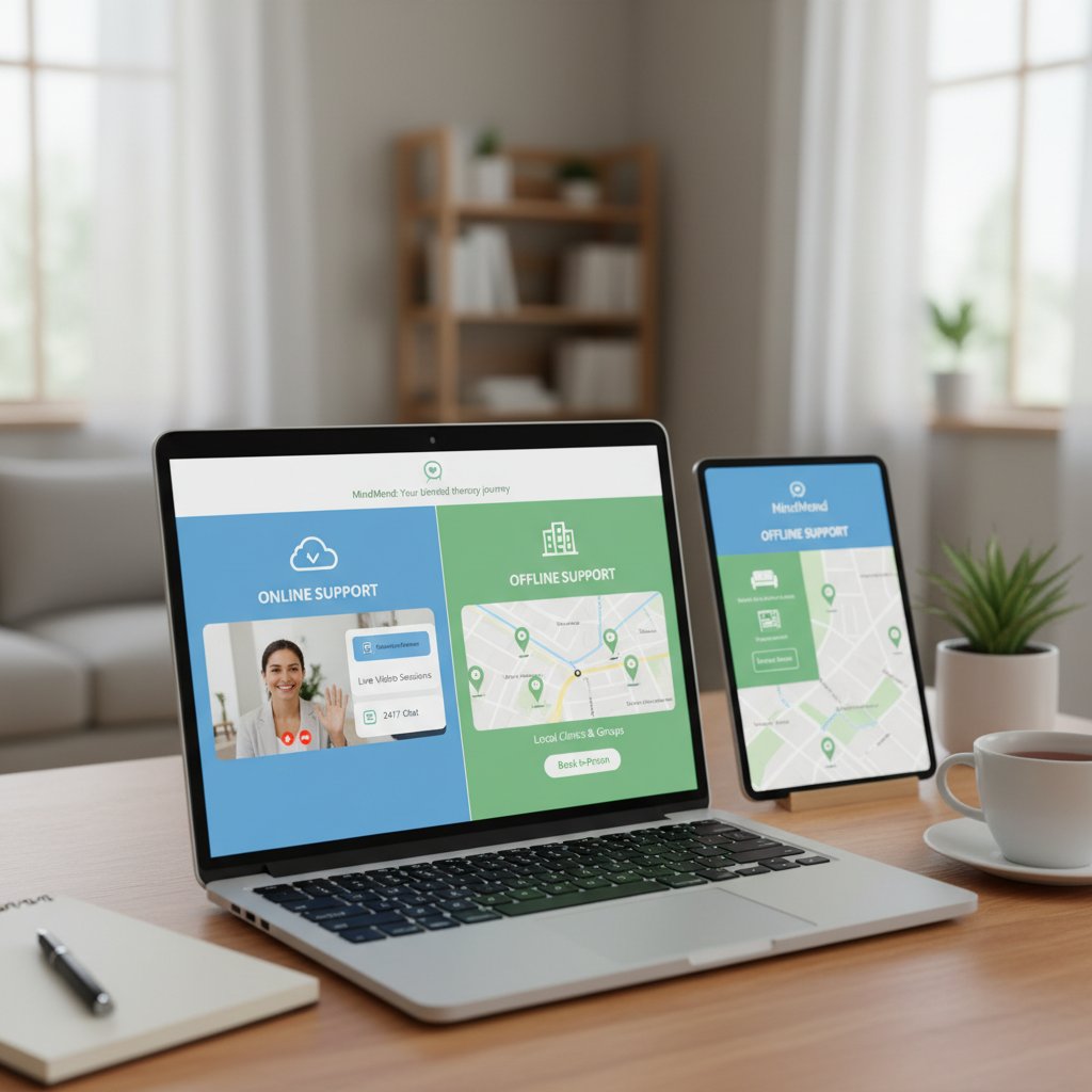 Zdjęcie laptopa z otwartą stroną platformy psychoterapeutycznej, symbolizujące dostępność pomocy online i offline