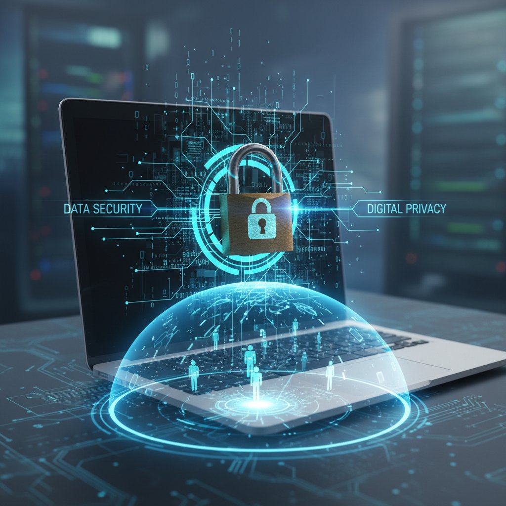 Symbolfoto: Laptop mit Vorhängeschloss-Symbol, Fokus auf Datenschutz und digitale Sicherheit