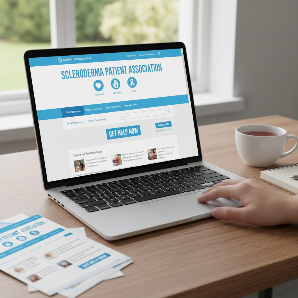 Laptop z otwartą stroną stowarzyszenia pacjentów z twardziną, spokojne domowe biurko