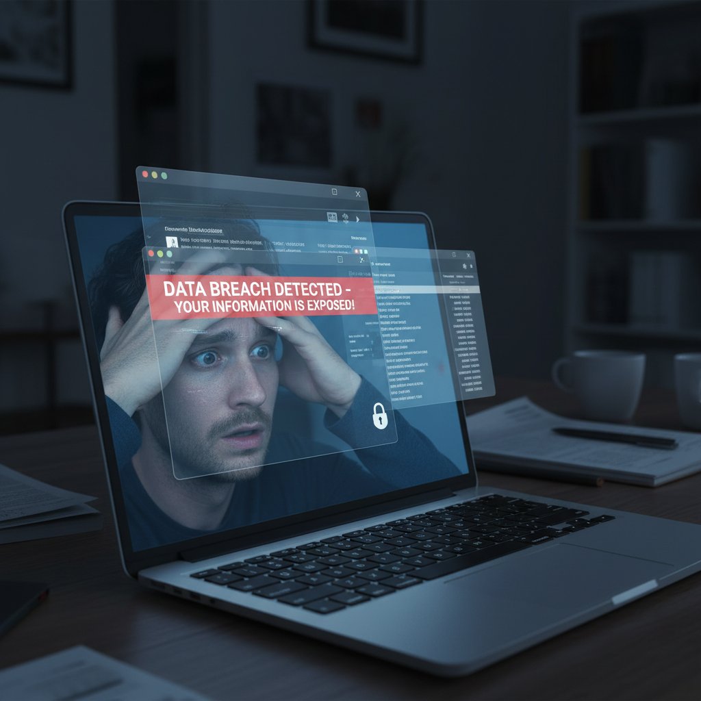 Laptop z wyświetlonym komunikatem o naruszeniu prywatności i zamyślona osoba za ekranem