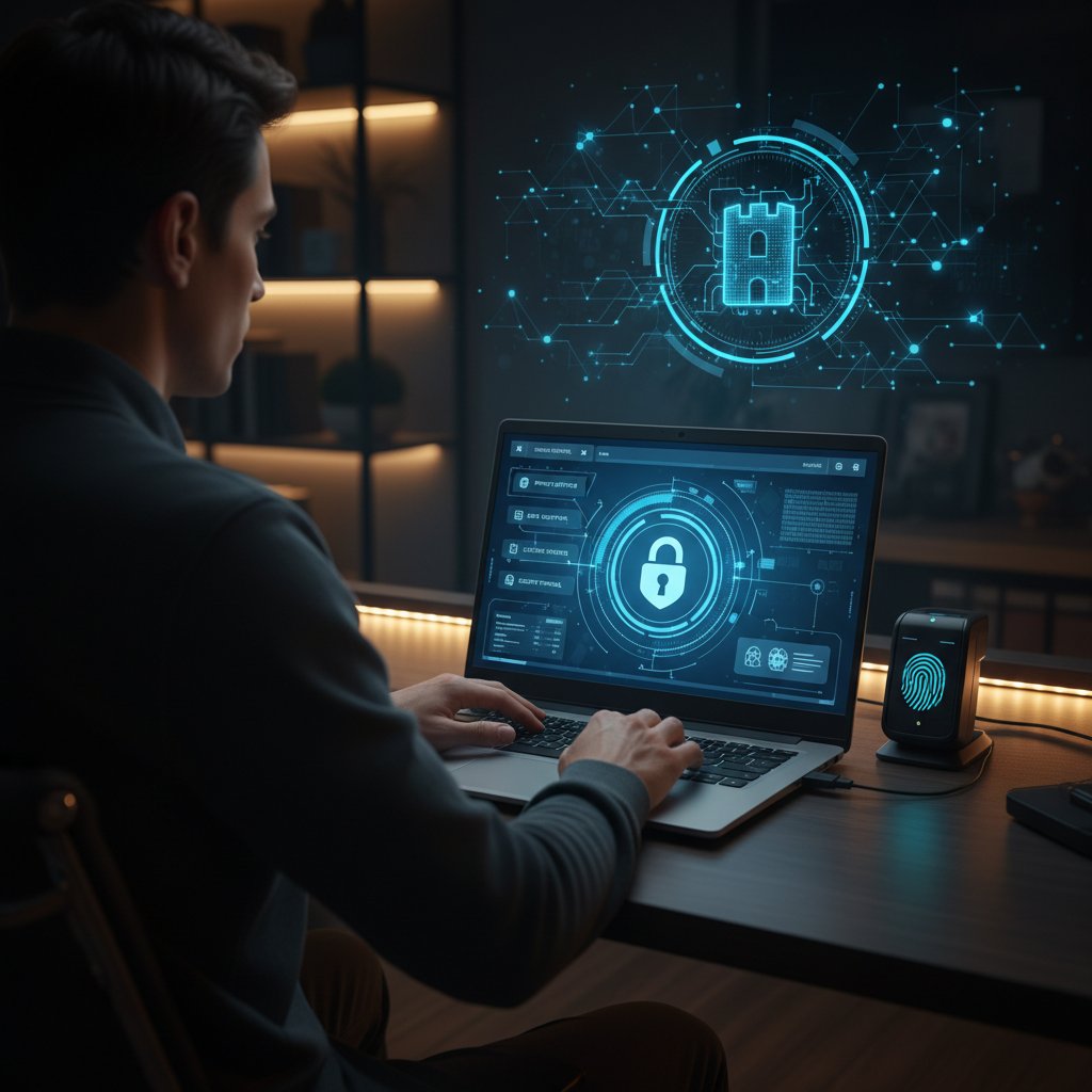 Laptop mit geöffneten Datenschutzeinstellungen, Person prüft Sicherheitsoptionen