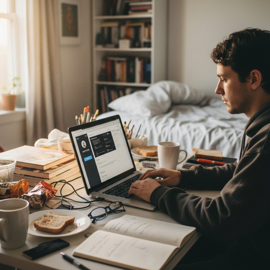 Laptop z ekranem edytora profilu, biurko z chaosem i kubkiem kawy – tworzenie autentycznego profilu online