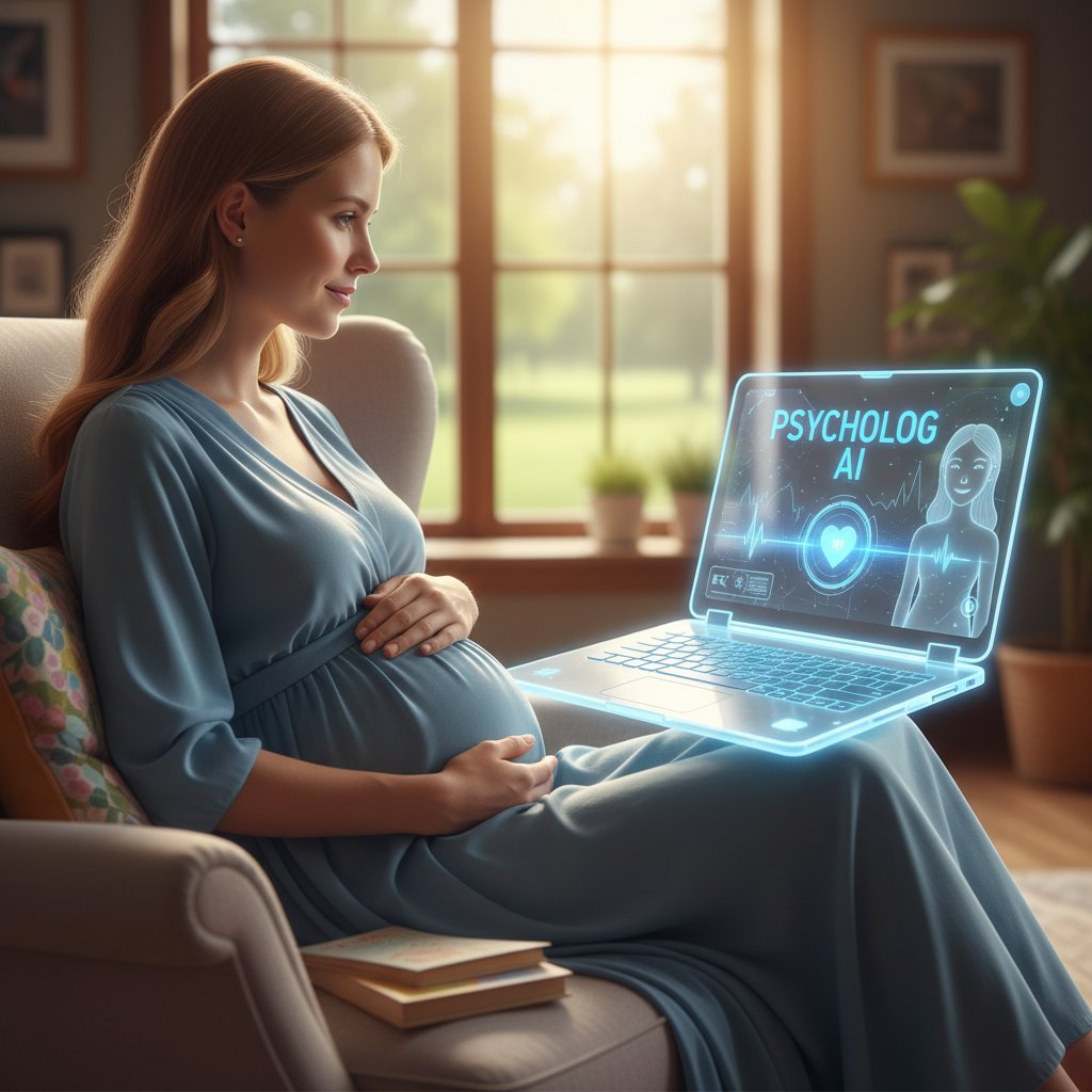 Zdjęcie ekranu laptopa z otwartą stroną psycholog.ai, w tle kobieta w ciąży