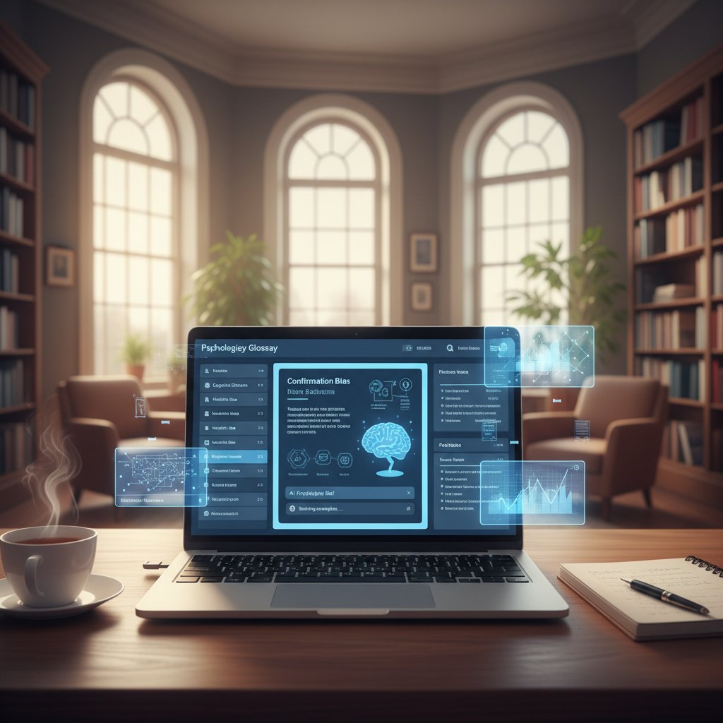 Laptop z wyświetlonym słownikiem terminów psychologicznych, atmosfera edukacyjna, wsparcie AI